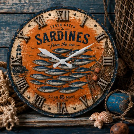 Vintage Sardines Coastal Nautical Kitchen ラージ壁時計