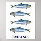 Vintage Sardines oastal Fish Illustration Wall Art ポスター (正面)