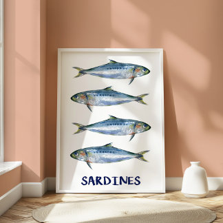 Vintage Sardines oastal Fish Illustration Wall Art ポスター