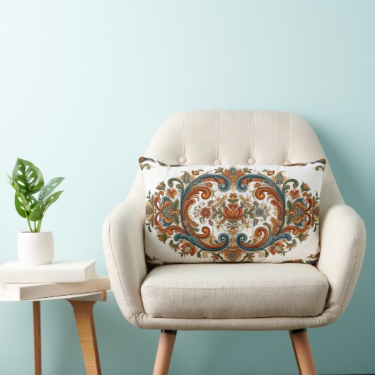 Vintage Scandinavian Rosemaling Floral Pattern ランバークッション (椅子)