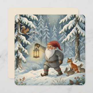 Vintage Scandinavian Tomte in Snowy Forest シーズンカード