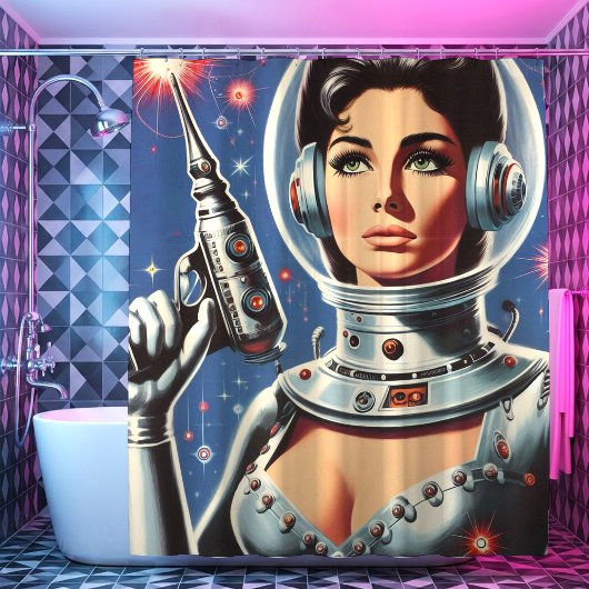Vintage Sci-fi Astronaut Girl シャワーカーテン