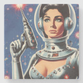 Vintage Sci-fi Astronaut Girl ストーンコースター (正面)