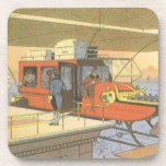 Vintage Science Fiction Airplane Helicopter Limo コースター<br><div class="desc">Vintage illustration Victorian futuristic steam punk travel and transportation science fiction design. A floating steampunk helicopter airplane limousine waiting by the building hovering over the city in the future. The butler and the maid are carrying the luggage to the aircraft taxi. The futuristic rich and famous are about to go...</div>