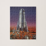 Vintage Science Fiction, Astronauts Beetle Aliens ジグソーパズル<br><div class="desc">Vintage illustration futuristic Science Fiction travel and transportation rocketship image. Astronauts running to their rocket ship escaping from beetle shaped aliens on a foreign planet trying to get back earth. A classic 50s retro comic book sci fi design of the future.</div>