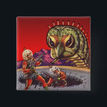 Vintage Science Fiction Giant Centipede Insect War 缶バッジ<br><div class="desc">Vintage illustration futuristic aliens and robots science fiction image. A classic retro comic book sci fi scene featuring astronauts with laser guns having a fight and battling a huge monster. An angry looking centipede creepy crawlie bug with 100 legs!</div>