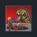 Vintage Science Fiction Giant Centipede Insect War 缶バッジ<br><div class="desc">Vintage illustration futuristic aliens and robots science fiction image. A classic retro comic book sci fi scene featuring astronauts with laser guns having a fight and battling a huge monster. An angry looking centipede creepy crawlie bug with 100 legs!</div>
