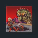 Vintage Science Fiction Giant Centipede Insect War 缶バッジ<br><div class="desc">Vintage illustration futuristic aliens and robots science fiction image. A classic retro comic book sci fi scene featuring astronauts with laser guns having a fight and battling a huge monster. An angry looking centipede creepy crawlie bug with 100 legs!</div>