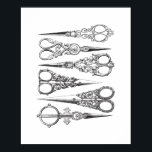 Vintage Scissors Elegant Black White Decorative ポスター<br><div class="desc">vintage scissors engraving/illustration,  elegant black and white image/graphic,  decorative/simple/classy/different/unusual/ornamental/cool/historical/detailed/intricate/chic/stylish/antique/old fashioned design,  six/6 vintage inspired/style/look/looking objects/tools,  1800s/19th century,  white background,  customize color,  home decor/decoration/decorating,  vintage elegance,  swirls/rich details,  sewing/craft utensils,  two sided.
 
 Vintage inspired design featuring antique and stylish illustration of six scissors,  in black,  against a white background.</div>