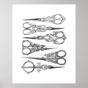 Vintage Scissors Elegant Black White Decorative ポスター