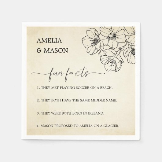 Vintage Script Floral Fun Facts Wedding  スタンダードカクテルナプキン (正面)