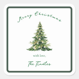 Vintage Script Green Gold Christmas Tree Address  スクエアシール