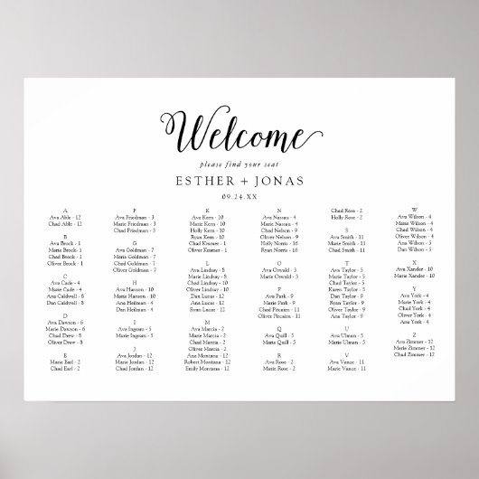 Vintage Script Horizontal Alphabetical Seating ポスター (正面)