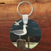 Vintage Seagull Perched Pier, Marine Birds Animals キーホルダー (正面)