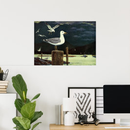 Vintage Seagull Perched Pier, Marine Birds Animals ポスター