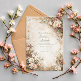 Vintage Sepia Rose Floral Dusty Mauve Wedding 招待状