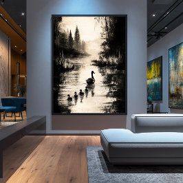 Vintage Serenity – Duck Family on a Peaceful Lake ポスター