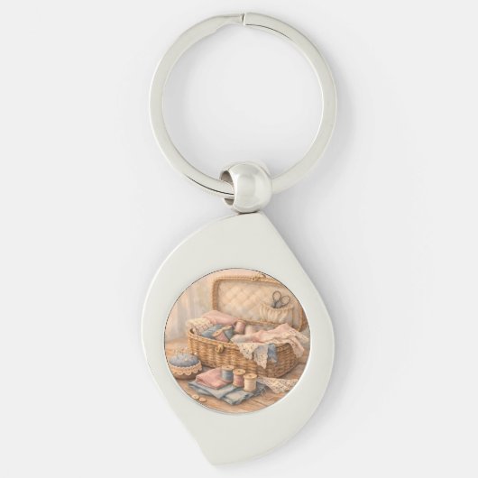 Vintage Sewing Basket Cottagecore Pastel キーホルダー (正面)