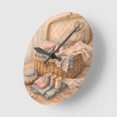 Vintage Sewing Basket Cottagecore Pastel ラウンド壁時計 (傾斜)