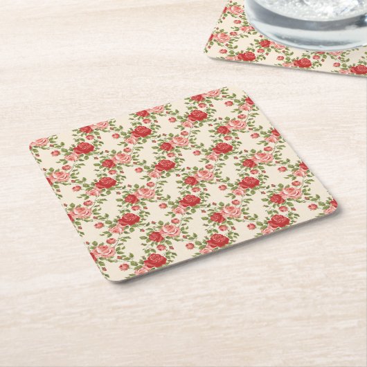Vintage Shabby Chic Roses Pattern スクエアペーパーコースター (アングル)