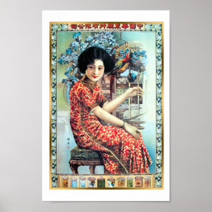 Vintage Shanghai China Cigarette Ad Woman Parrot ポスター
