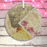 Vintage Sheet Music Musical Notes Christmas  ガラスオーナメント<br><div class="desc">Pretty Christmas Ornament with vintage sheet music and pink roses.</div>