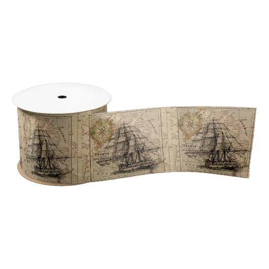Vintage Ship And Map Satin Ribbon サテンリボン (リール)