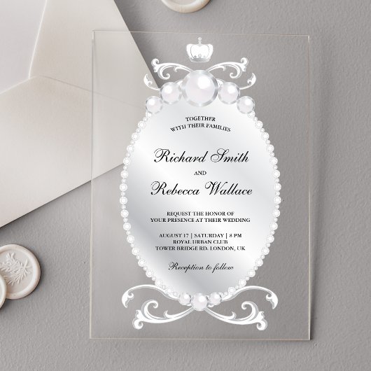 Vintage Silver Gemstone Pearl Wedding アクリル招待状