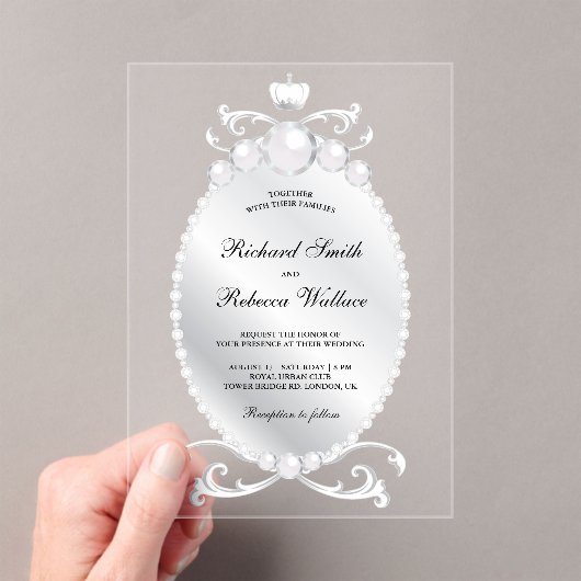 Vintage Silver Gemstone Pearl Wedding アクリル招待状 (インサイチュ (ポータブル))