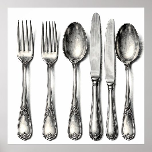 Vintage Silverware Ornate Flatware Kitchen  ポスター (正面)