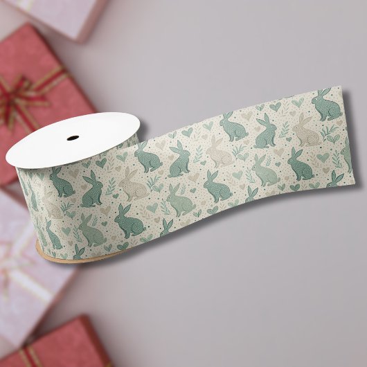 Vintage Simple Bunny Silhouettes Hearts Pattern サテンリボン