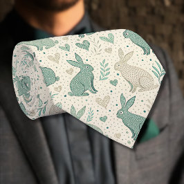 Vintage Simple Bunny Silhouettes Hearts Pattern ネクタイ