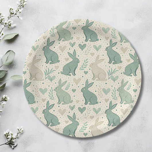 Vintage Simple Bunny Silhouettes Hearts Pattern ペーパープレート