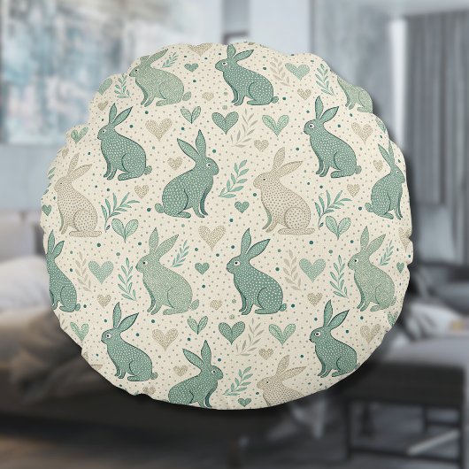Vintage Simple Bunny Silhouettes Hearts Pattern ラウンドクッション