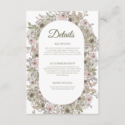 Vintage Simple Floral Wedding Details Card エンクロージャーカード (正面)