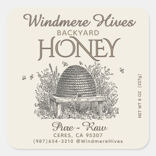 Vintage Skep and little bees 8oz Honey Bear label スクエアシール (正面)