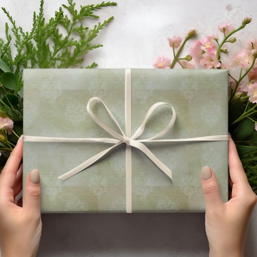 Vintage Smoky Green Faded Handwriting Damask  ラッピングペーパー