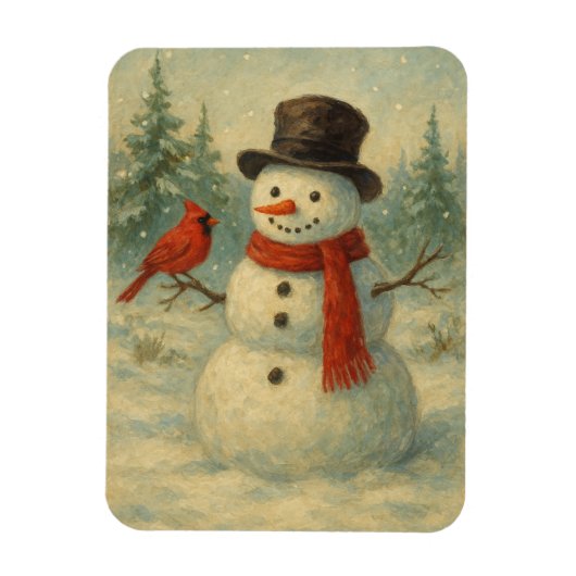 Vintage Snowman and Red Bird Christmas マグネット (縦)