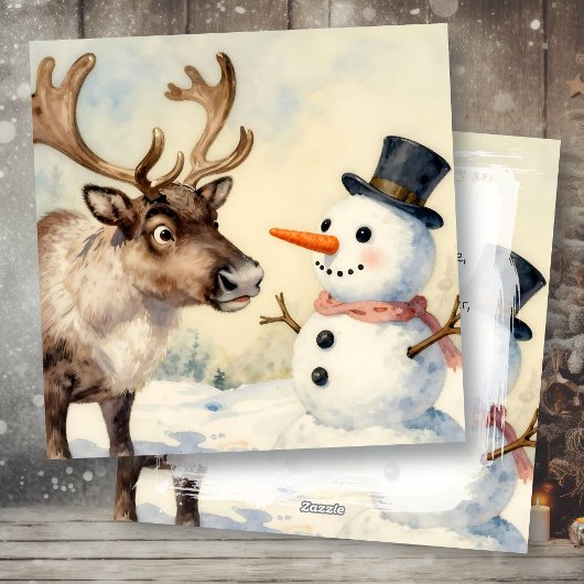 Vintage Snowman & Reindeer Personalized Christmas シーズンカード