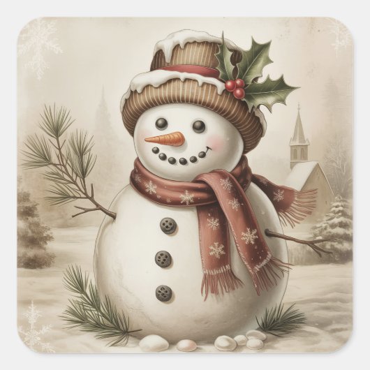Vintage Snowman Stickers スクエアシール (正面)