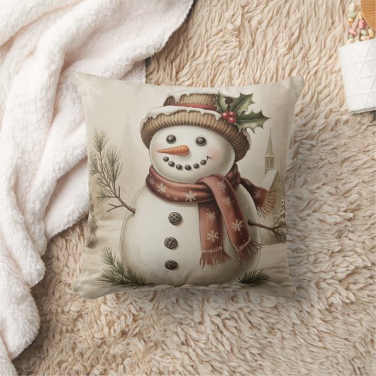 Vintage Snowman Throw PIllow クッション (ブランケット)