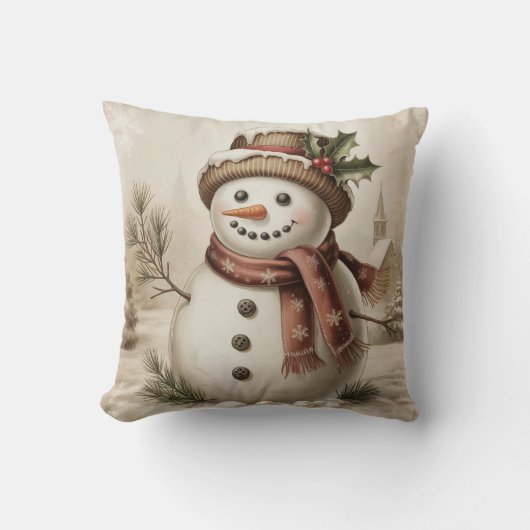 Vintage Snowman Throw PIllow クッション (正面)