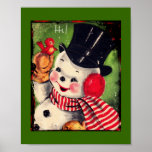 Vintage Snowman with Red Bird ポスター<br><div class="desc">Retro snowman in top hat and scarf holding a little red bird.</div>