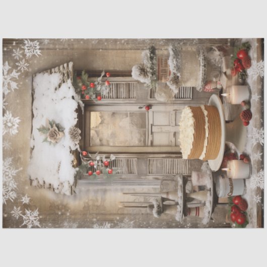 Vintage Snowy Christmas Cake Holiday Decoupage 薄葉紙 (正面)