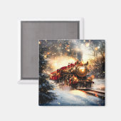 Vintage Snowy Night Christmas Train Express マグネット (正面/裏面)