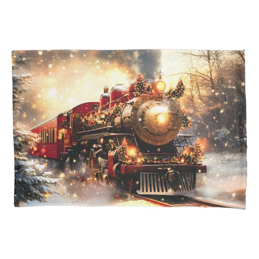 Vintage Snowy Night Christmas Train Express 枕カバー (正面)
