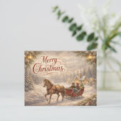 Vintage Snowy Sleigh Ride Merry Christmas シーズンポストカード (スタンド正面)
