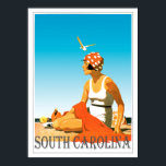 Vintage South Carolina Beach Scene ポスター<br><div class="desc">A retro poster that never was until now. A creative redo of an old poster that should have been. South Carolina in retro style from the art deco era. Bright colors with a woman on the beach under a blue sky.</div>