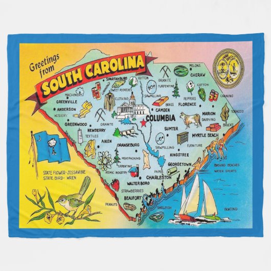 Vintage South Carolina Map Postcard フリースブランケット (正面(横))