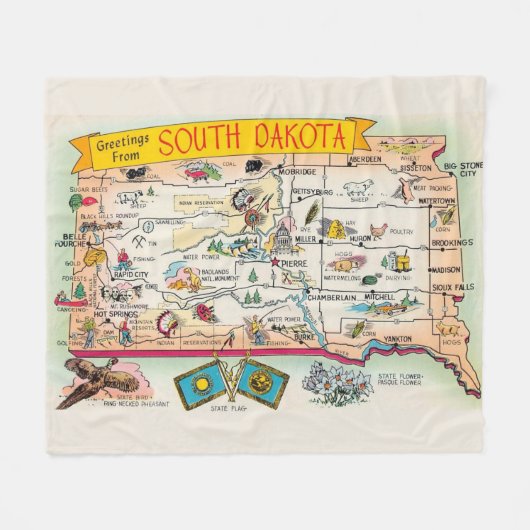 Vintage South Dakota Map Fleece Throw フリースブランケット (正面(横))
